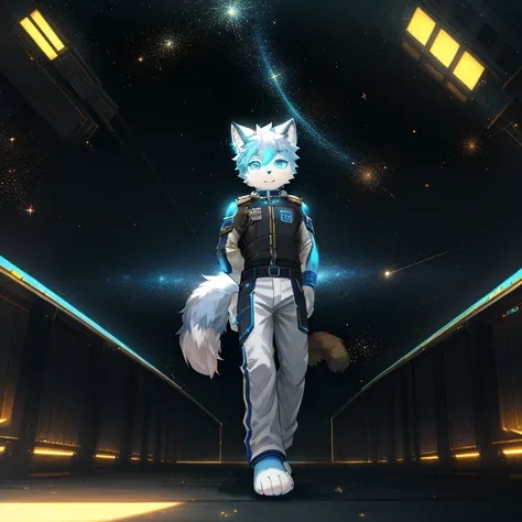 "(High quality sci-fi scenery and shadows，Ray Tracing，Particle Effects，8k resolution)，(Cat-eared Shota boy and a huge wolf tail+The ears are big and long)of(White luminous pants+The fur is white of+Yellow and blue luminous clothes)，Wearing futuristic sci-f...