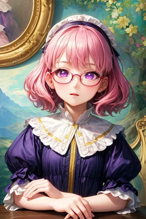 (anime), (masterpiece, highest quality, Super detailed:1.3), (One girl:1.2)
, (Young girl, Pink Hair、Purple glowing eyes、Glasses、child-like face, change), Shiny skin
, Krenz Cuchart, (Botticelli:0.9), (Rembrandt, Rubens:0.85), (Vermeer, many:0.8)
, (Mucha ...