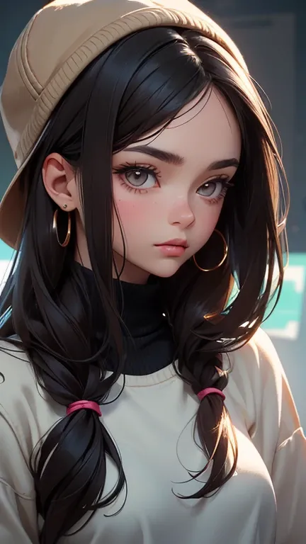 A girl wearing headphones and a hat, specifically a baseball cap. She has long brown hair and striking brown eyes. She is looking directly at the viewer, with her lips closed. She is dressed in long sleeves, and the focus is on her upper body. Her black ha...