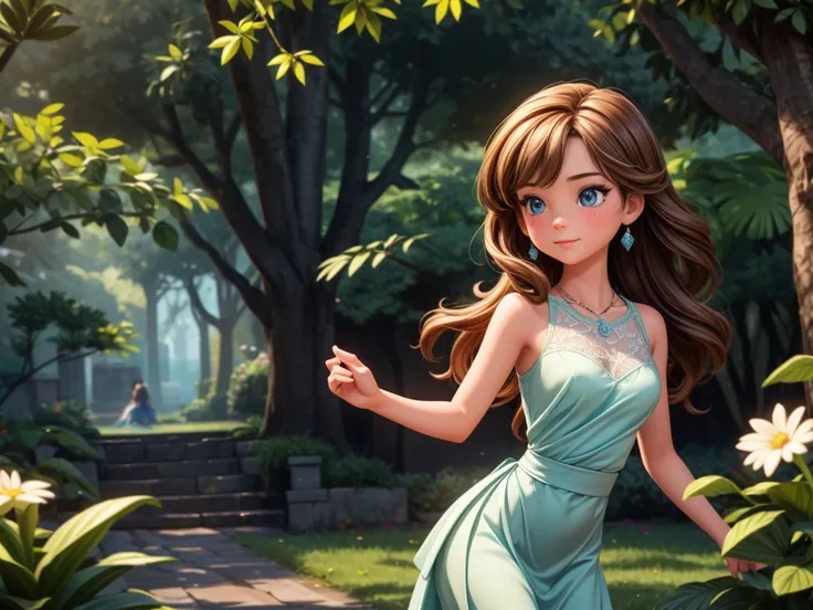 (best quality,highres),playful girl,phantom,beautiful detailed eyes,dark long hair,ethereal atmosphere,flowing dress,dancing movements,enchanted garden,soft sunlight,whispering wind,hidden secrets,sparkling magic,artistic rendering,vibrant colors