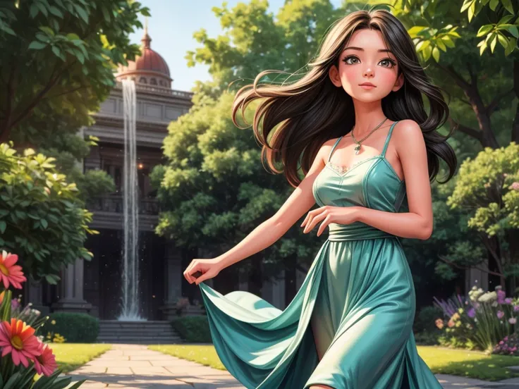 (best quality,highres),playful girl,phantom,beautiful detailed eyes,dark long hair,ethereal atmosphere,flowing dress,dancing movements,enchanted garden,soft sunlight,whispering wind,hidden secrets,sparkling magic,artistic rendering,vibrant colors