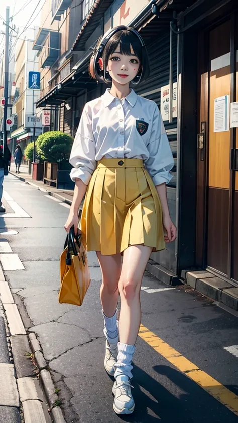 (masterpiece), (highest quality:1.4), (Ultra-high resolution:1.2),  Highly detailed background, (unity 8k wallpaper), Cute high school girl wearing headphones walking through the streets of Tokyo。Illustrations inspired by city pop culture、、Wear loose socks...