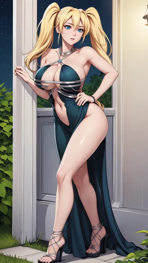 masterpiece, ultra high-quality, extremely detail 8k cg, high resolution, 1girl, narukouzumaki, twintails, wisker marks, blonde hair, blue eyes, perfect eyes, thin body, huge breasts, engorged-fc, veiny breasts, breast veins, veins, evening gown, halternec...