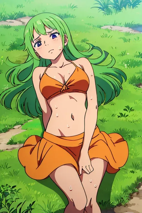 (detailed background), (masterpiece), (4k), (best quality), tan skinned anime girl, dressed in a cute bikini top and flowy skirt, curled up in a peaceful slumber on a grassy hill, her hand pressed against her stomach in discomfort. sweating, sweat beads al...