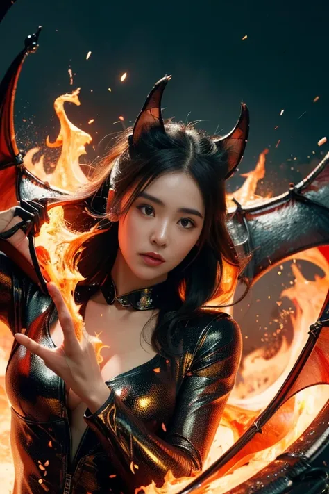 (high quality), (masterpiece), (detailed), 8K, Hyper-realistic portrayal of a futuristic (1girl1.2), Japanese character surrounded by molten magma with bats. Meticulous details capture the dynamic fusion of tradition and innovation in this visually stunnin...