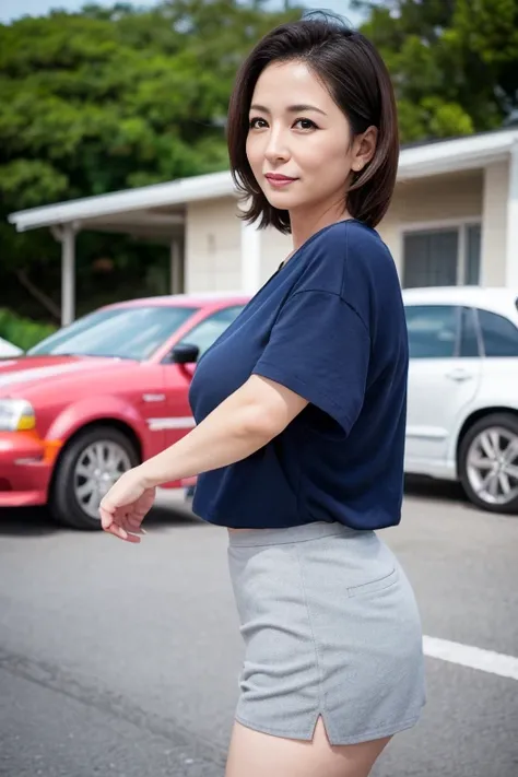 40s, Japanese, Middle-aged women, 最high quality, 8k, Sharp focus, high quality, High resolution, well-rounded body, Gentle eyes, Hot lips, Married Woman, Big Breasts, roll up hers skirt, Show off your shorts, Parking lot in the background