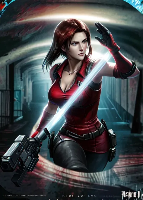 ((Digital painting)),((4k)),((comic Babes)), a woman in a red dress holding a gun in a dark tunnel, Resident Evil inspired, glamorous Jill Valentine, Resident Evil, deviantart artstation cgscosiety, epic illustration digital art, Resident Evil 1, photoreal...