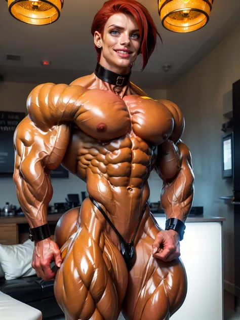 (Muscular:2), (skinny thighs:2.3), (ginger female, red hair:2), earrings, eyeshadow, lipstick, bokeh, (wide upper body:2), (huge muscular arms:1.5), (muscular striations), (hard nipples:1.2), (latex choker, thong:2), (eight pack abs:1), (sculpted muscles:1...