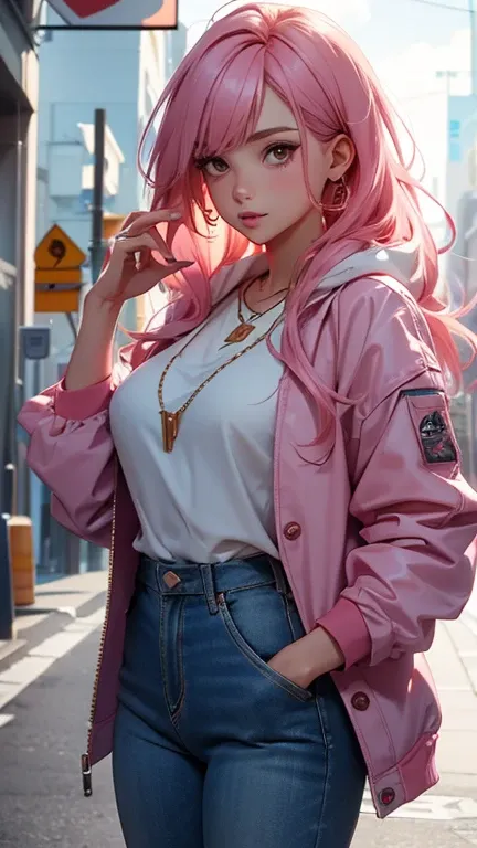 1girl, solo, pink_hair, long_hair, jacket, brown_eyes, shirt, parted_lips, white_shirt, pants, denim, jewelry, breasts, blue_jacket, necklace, open_clothes, lips, sky, day, open_jacket, medium_breasts, long_sleeves, nose, jeans, looking_to_the_side