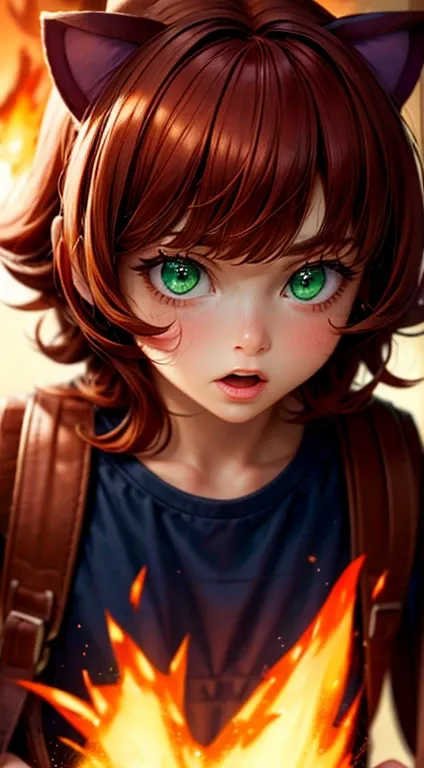 Green Eyes, annie, Red Hair, surprised, brown leather backpack, short hair, fake cat ears, long bangs, fire, teddy bear, tibbers, purple shirt, flame, throwing, close up, glowing
