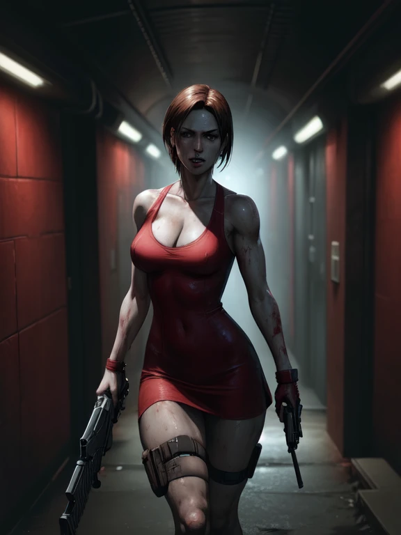 ((Digital painting)),((4k)),((comic Babes)), a woman in a red dress holding a gun in a dark tunnel, Resident Evil inspired, glamorous Jill Valentine, Resident Evil, deviantart artstation cgscosiety, epic illustration digital art, Resident Evil 1, photoreal...