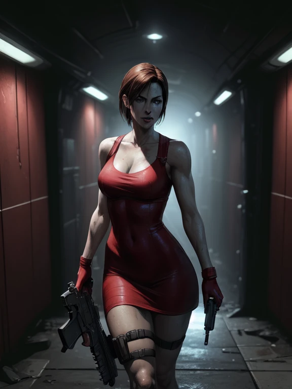 ((Digital painting)),((4k)),((comic Babes)), a woman in a red dress holding a gun in a dark tunnel, Resident Evil inspired, glamorous Jill Valentine, Resident Evil, deviantart artstation cgscosiety, epic illustration digital art, Resident Evil 1, photoreal...