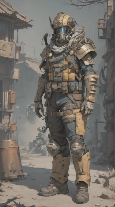 Un oc de estilo post apocalyptico, tiene un casco sci-fi inspirado en el Sallet, un respirador bajo el casco, una gabardina cerrada, un brazo con un guantelete sci-fi, botas, pantalones, y tres capas de tela ponchos rasgados, estilo fallout