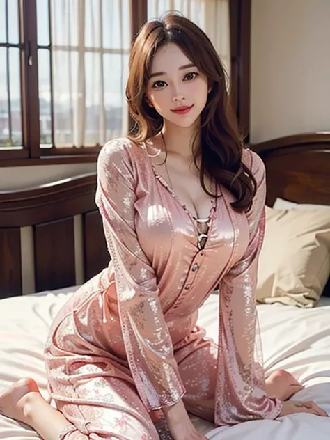 best quality, masterpiece, ultra high res, photorealistic, 1girl, smile, sexy pajama, on the bed, night time