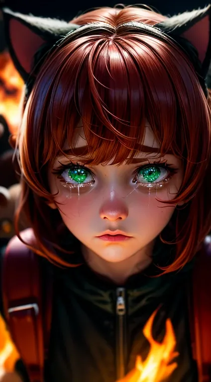 Green Eyes, annie, Red Hair, sad, brown leather backpack, short hair, fake cat ears, long bangs, fire, teddy bear, tibbers, purple shirt, flame, throwing, close up, glowing, tear, crying
