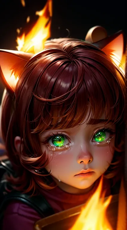 Green Eyes, annie, Red Hair, sad, brown leather backpack, short hair, fake cat ears, long bangs, fire, teddy bear, tibbers, purple shirt, flame, throwing, close up, glowing, tear, crying, eye closed
