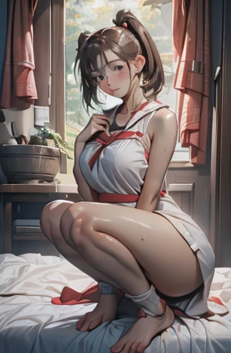 A Female robot is sleeping in bedroom, spread legs, nude, banzai pose. she wears no dress. She Brown short hair is tied with two big red clothespins, She lifts up the under hem of her white plain dress, leaning over, masterpiece, very short pigtails,brown ...