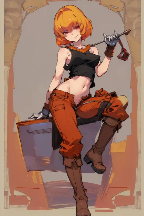 ((highest quality)), ((masterpiece)), (be familiar with),clementine,overload,{{nsfw}},sleeveless shirt,pants,bewitching smile,wh...