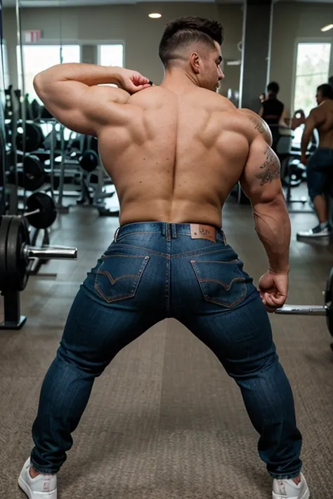 Hombre arafed con barba posando para una foto., fuertes rasgos masculinos,  corpo musculoso sexy, tipo de cuerpo musculoso, Athletic Bodybuilding,  llevando un traje, pelo negro,traje elegante. Jeans   bent over 