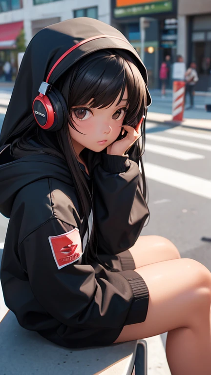 1girl, solo, headphones, long_hair, black_hair, hood, looking_at_viewer, hoodie, lips, brown_eyes, blurry, sitting, hood_down, h...