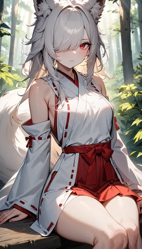 (sensitive:1.3), masterpiece, best quality, very aesthetic, absurdres, 1girl, fox ears, white hair, long hair, messy hair, hair over one eye, red eyes, miko, japanese clothes, forest, sitting, (expressionless:1.3), small breasts, white fox tail, looking at...