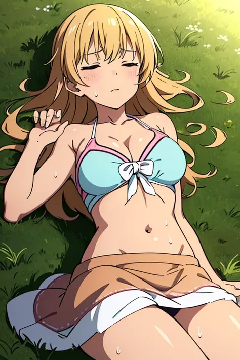 (detailed background), (masterpiece), (4k), (best quality), tan skinned anime girl, dressed in a cute bikini top and flowy skirt, curled up in a peaceful slumber on a grassy hill, her hand pressed against her stomach in discomfort. sweating, sweat beads al...