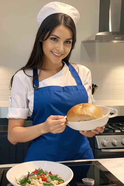 una mujer en un chef&#39;El sombreros blancos, platos que prueban el sabor, vikinga femenina, alta, verduras en una mesa., cocinaring, show de cocina, cocinar, Estilista de alimentos, gourmet cocinaring, Angled Bob, Senos levantados, usando un delantal, se...