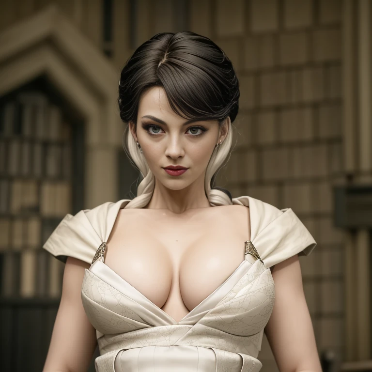 Masterpiece, best quality, detailed face, Narcissa Malfoy, cleavage, sexy long flowing black robes, make-up, in her 20s, youthful, sexy, standing, r3rc1