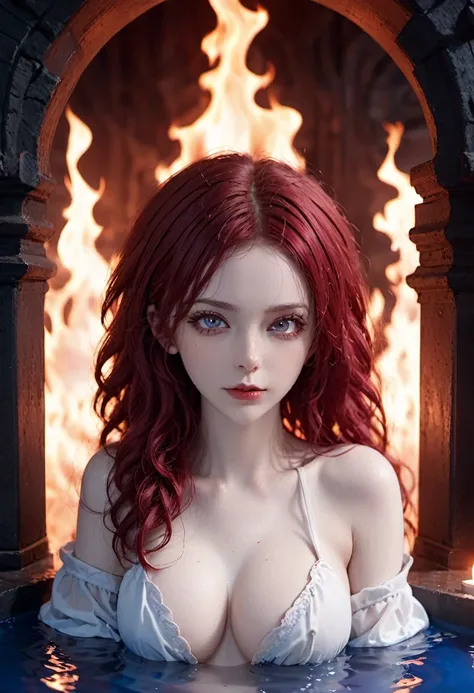 Erzbeth Bathory, beautiful and sensual, totally naked, with completely pale skin, with curly and red hair, with crimson eyes, submerged in a vat of blood, in her castle, under the light of blue flame candles, HD, 8K