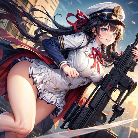 a beauty girl，Ribbon on uniform，Cute uniform，blazers，A smile，Girl with a sniper rifle，Savage Girls，girl，top-quality，Colossal tits，​masterpiece，Excellent style，Erotic Cute，超A high resolution，beautiful a girl，Lovely girl，multicolored hair，Loose socks，HD imag...