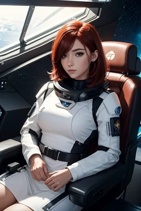 Una joven pelirroja sexy con pelo corto y uniforme espacial se sienta en un asiento en una nave espacial y la ventana puede mostrar hermosas estrellas