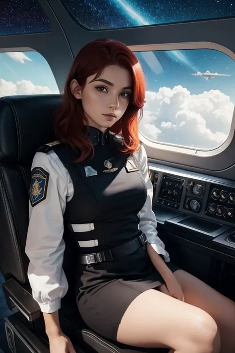 Una joven pelirroja sexy con pelo corto y uniforme espacial se sienta en un asiento en unavion de guerra y la ventana puede mostrar hermosas estrellas
