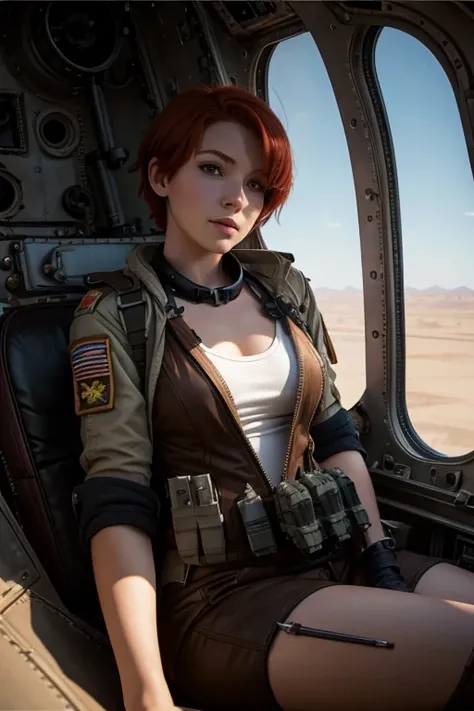 A young sexy redhead with short hair and mechanical parts sits on a seat in a warplane and the window can show the desert
