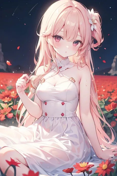 red blush、blonde  hair、red eyes、Beautiful girl alone、animesque、solo、Pink dress、flower  field、