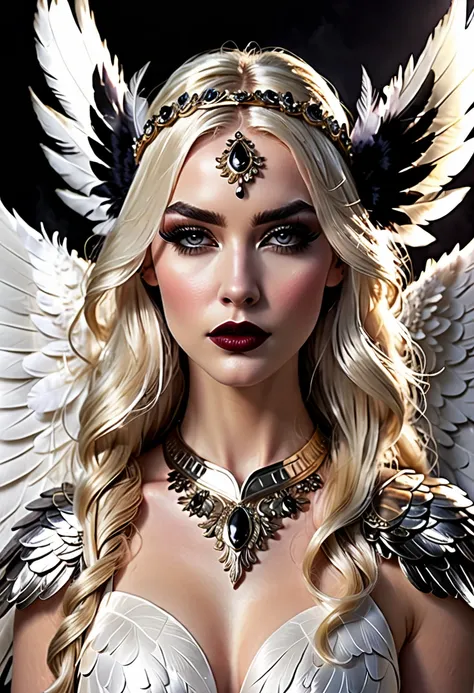 Beautyfull realistic Angle, head halo, thin curved eyebrows, long black luscious eyelashes, black eyeliner, dark eye shadow, face makeup, bark lipstick,defined black iris,detailed Florence eyes,long luscious platinum blond hair, pale skin,hour glass body r...