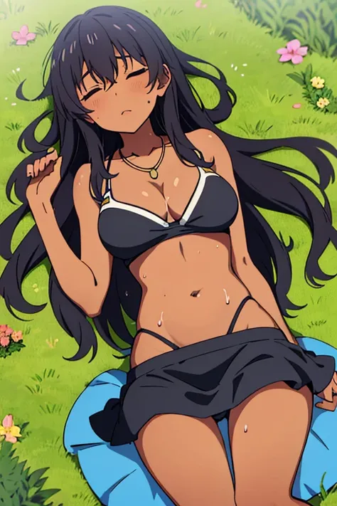 light dark skinned anime girl, dressed in a cute bikini top and flowy skirt, curled up in a peaceful slumber on a grassy hill, (her hand pressed against her stomach in discomfort), (long black hair), (necklace), (wet sweaty body)