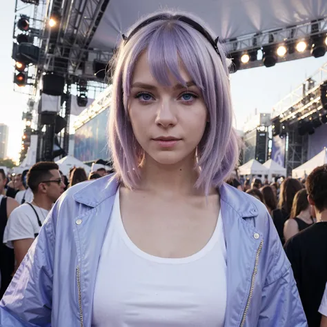 young white woman, fair skin, lilac hair, blue eyes, dressed in stylish clothes. at an electronic music show, Lollapalooza