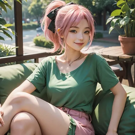 25 year old woman, smiley face, pink hair, ponytail, brown eyes, green shirt Hollow Out O Neck, sitting crossed legs, Green ribbon