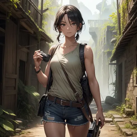 Tank top, Shorts, Black hair, (ancient ruin:1.1),Adventurous woman, (trap:1.1), Pistol holder on the thigh, Khaki backpack, hair tied, dense woods, subtropical, machete, Treasure Hunter, Fuji Film, F/1.2, (16 K, 8K, awardwinning, Best Quality, hight resolu...