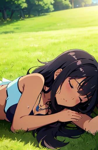 (detailed background), (masterpiece), (4k), (best quality), light dark skinned anime girl, dressed in a cute bikini top and flowy skirt, curled up in a peaceful slumber on a grassy hill, (her hand pressed against her stomach in discomfort), (long black hai...