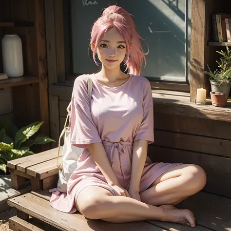 25 year old woman (Rosa), smiley face, pink hair, ponytail, brown eyes, Hollow Out O Neck shirt, sitting crossed legs, Green ribbon, full body