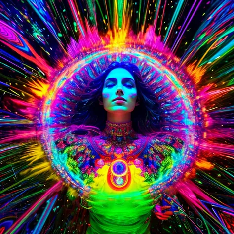 An ethereal goddess submerged in a psychedelic dream, Trippy Clipart Images, neon lights, kaleidoscopic effects, flutuando em um mar de cores derretidas, inspired by the visionary work of Alex Gray, aura hipnotizante, hiper-realismo, highly detailed and hi...