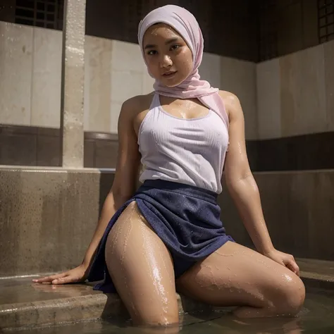 cute malay hijab girl, sexy, steamy, very wet, skirt, towel, singlet