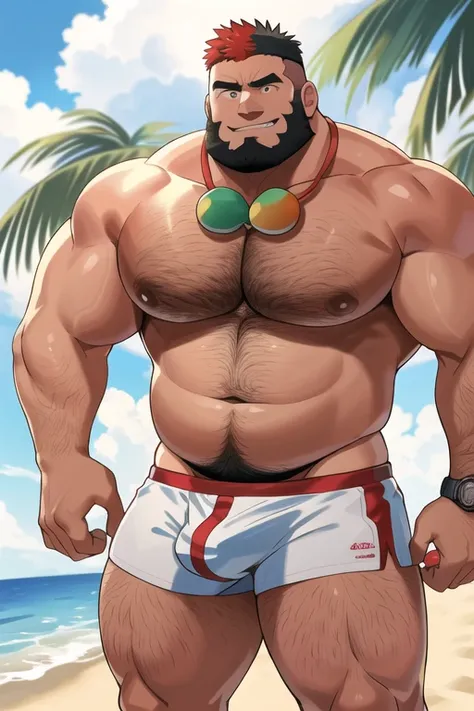 ((a fat bearded man zangief personagem do jogo Street fight 6))),walking barefoot on the beach ((wearing only red swim speedo)),(he doesnt wear a t-shirt),(he doesnt wear shorts), sunglasses, smiling, holding a glass of wine, short white hair, watch on the...