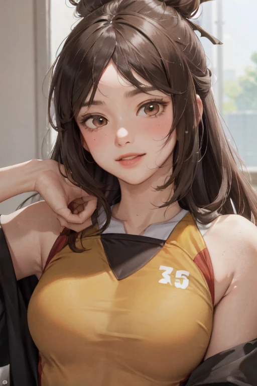 1lady solo, /(volleyball uniform/), /(dark brown hair/) bangs, blush light smile, (masterpiece best quality:1.2) delicate illustration ultra-detailed, BREAK /(volleyball court indoors/)