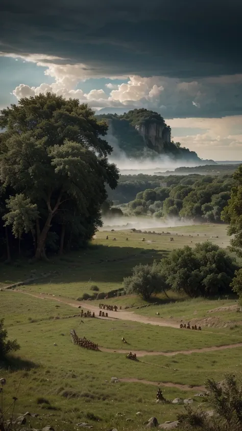 in the year 54 BC in Gaul, land of legends and mysteries. Under the wild sky, Julius Caesar encountered fierce tribes, whose warriors were like shadows in the deep forests. hyper realistic image 8k uhd 5d panoramic view. cinematic effect.