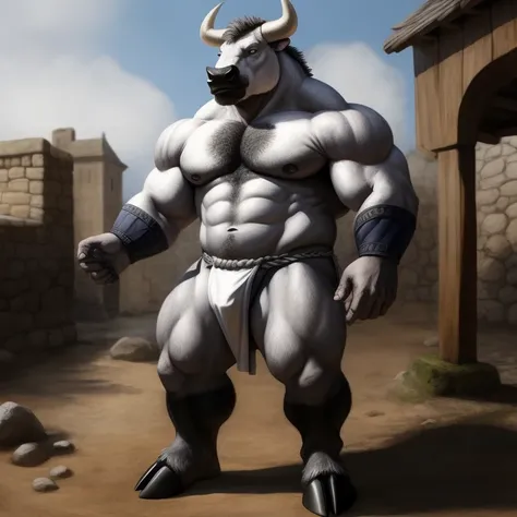 Furry, Antro, BULL, loincloth white, hooves, medieval, Furry Black, Gris Silver Plateado Metal, Solo,Cuerpo Completo, Toro, fundoshi white, bulto macho, Fondo Colisseum, Fundoshi Color Blanco, Detallado, Gran Calidad, Realista