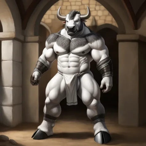 Furry, Antro, BULL, loincloth white, hooves, medieval, Furry Black, Gris Silver Plateado Metal, Solo,Cuerpo Completo, Toro, fundoshi white, bulto macho, Fondo Colisseum, Fundoshi Color Blanco, Detallado, Gran Calidad, Realista