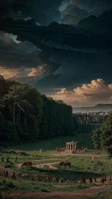 in the year 54 BC in Gaul, land of legends and mysteries. Under the wild sky, Julius Caesar encountered fierce tribes, whose warriors were like shadows in the deep forests. hyper realistic image 8k uhd 5d panoramic view. cinematic effect.