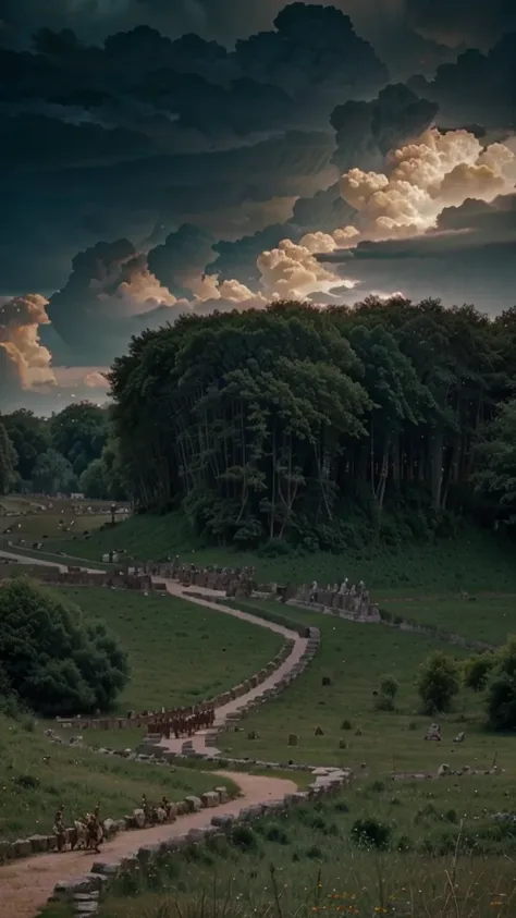 in the year 54 BC in Gaul, land of legends and mysteries. Under the wild sky, Julius Caesar encountered fierce tribes, whose warriors were like shadows in the deep forests. hyper realistic image 8k uhd 5d panoramic view. cinematic effect.